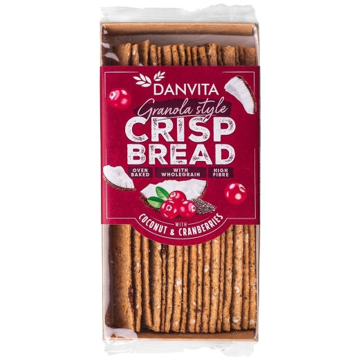 Křehké pšeničné granola plátky s kokosem, brusinkami a chia semínky